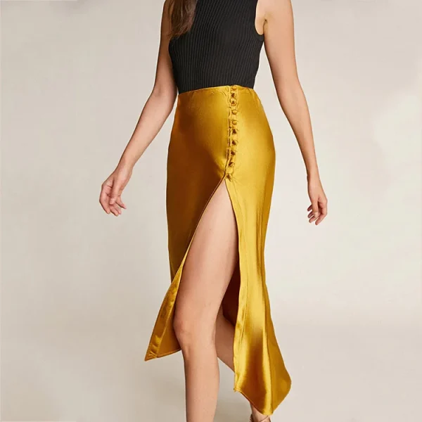 Women Casual High Quality Satin Button Side Asymmetric Midi Skirt - Image 5
