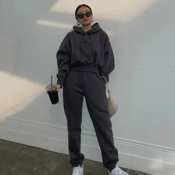 Jogger Gym Crop Top Oversize Hoodie Sweatshirt Two Piece Winter Sets Womens Tracksuits Pants Set - Image 5