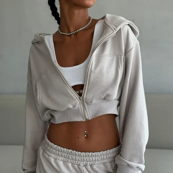 Luxury Women's Heavyweight Cotton Cropped Zip up Hoodies High Quality Sweatpants and Hoodie Set - Image 3