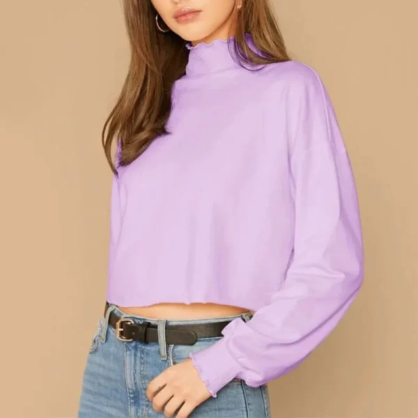 Womens Cotton Casual Crop Tops Long Sleeve  Blank Mock Neck T Shirts - Image 3