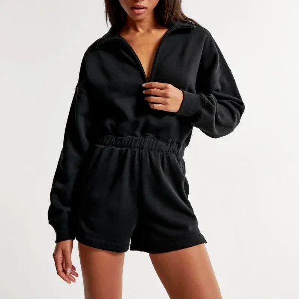 Long-Sleeve Fleece Romper for Women Spread Collar Half Zip Sweatshirt Shorts Jumpsuit Women's Sweatsuit Tracksuit Solid Color - Image 3