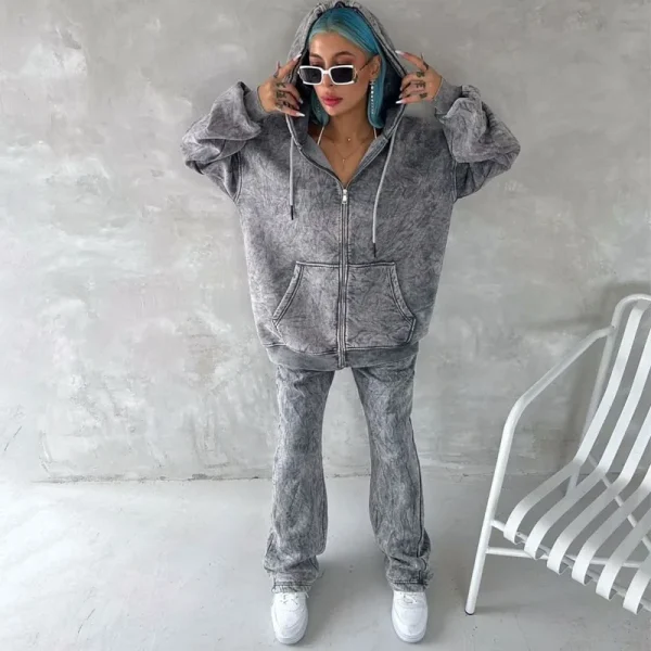 Women 2 Piece Outfits Sweatsuit Acid Wash Oversized Zip up Hoodie Sweatpants Matching Fleece Heavyweight Tracksuit Set - Image 2