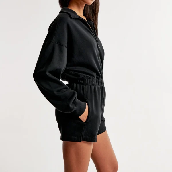 Long-Sleeve Fleece Romper for Women Spread Collar Half Zip Sweatshirt Shorts Jumpsuit Women's Sweatsuit Tracksuit Solid Color - Image 4