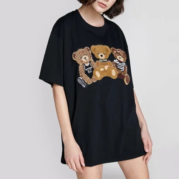Heavyweight Drop Shoulder Vintage Loose Oversized T Shirt White Teddy Bear Embroidered T-Shirt - Image 2