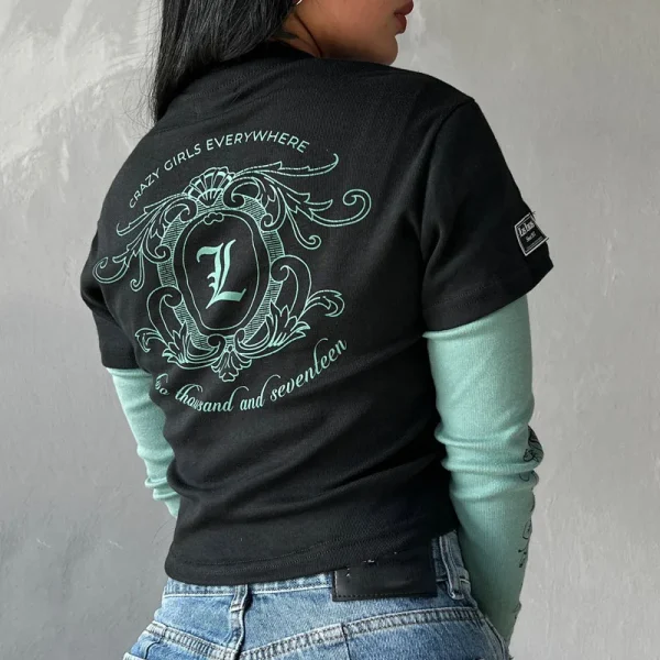 Women's Summer Streetwear Printing Top Casual Basic Shirts Double Layer Long Sleeve Crop T-shirt - Image 2