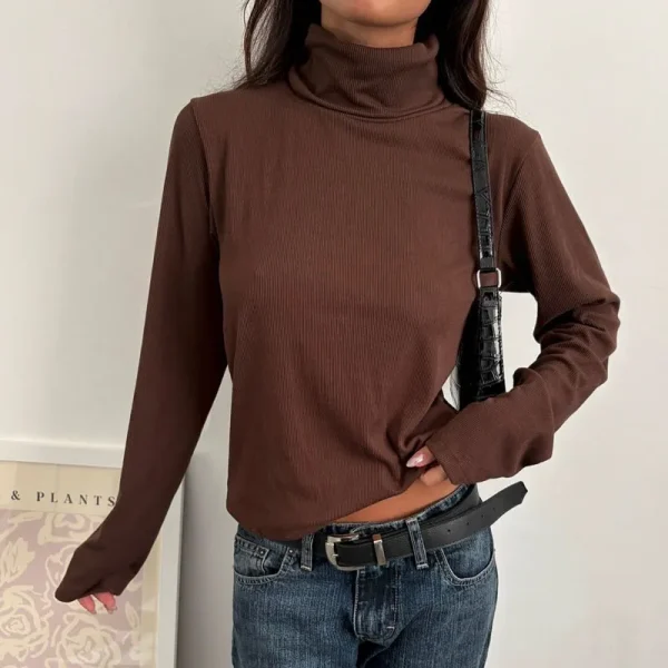 Women's Long Sleeve Casual Going Out Basic Shirts Turtleneck Ribbed Knit Tops - Image 3
