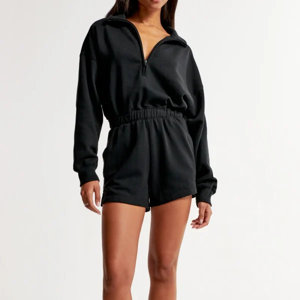 Long-Sleeve Fleece Romper for Women Spread Collar Half Zip Sweatshirt Shorts Jumpsuit Women's Sweatsuit Tracksuit Solid Color - Image 2