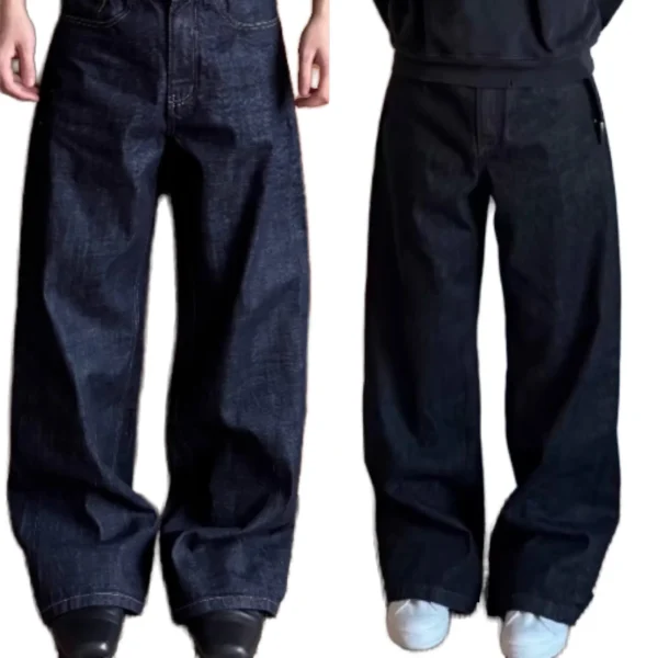 Streetwear Wide Leg Selvedge Denim Pants Solid Pattern Dark Blue Straight Loose Fit Jeans Casual Style Womens Clothing