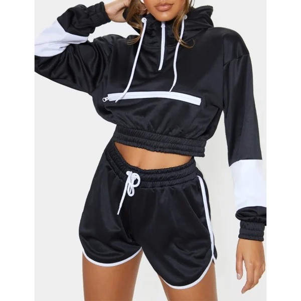 Cotton Quarter Zipper Women's Hoodies Sweatshirts Crop Hoodie Shorts Set - Image 3