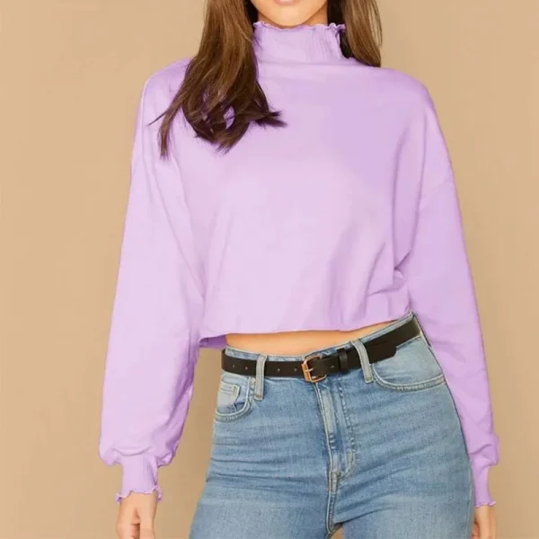 Womens Cotton Casual Crop Tops Long Sleeve  Blank Mock Neck T Shirts