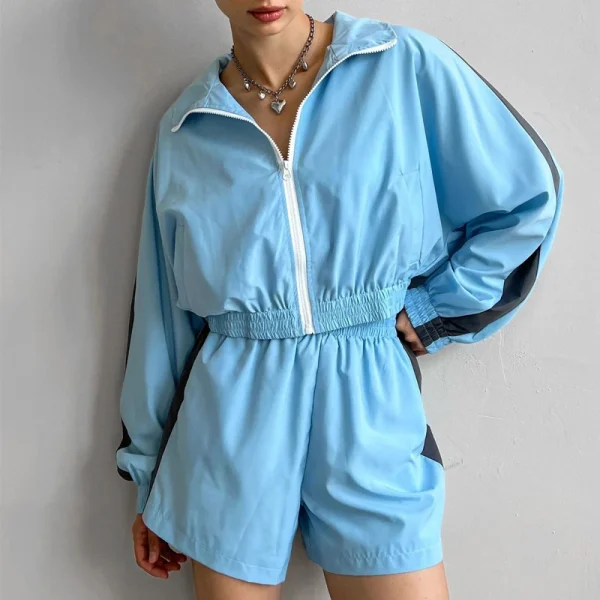 Women's Color Block Windbreaker Sweat Short Suits Full Zip-up Lapel Nylon Tracksuits