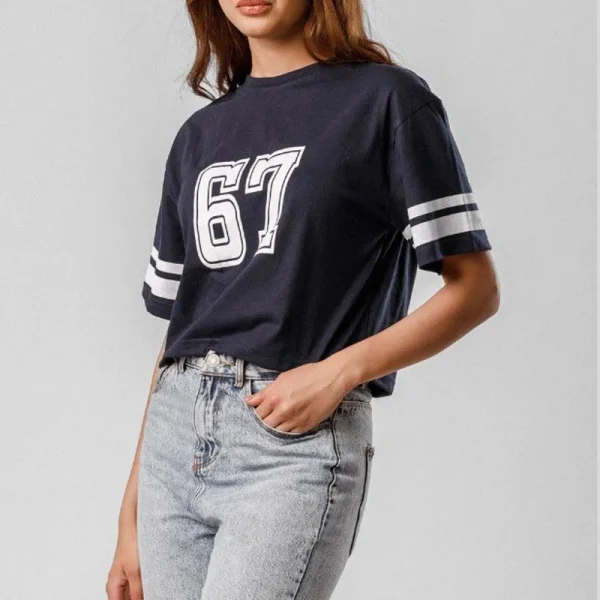 Summer Casual Women Basic Tees Cotton Drop Shoulder Cropped Tops Short Sleeve Number Graphic Printing Stripes Crop T-Shirts - Image 3