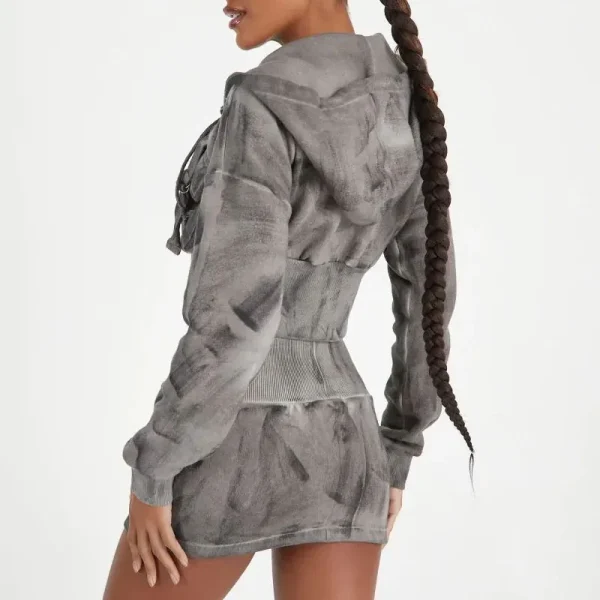 LONG SLEEVE POCKET DETAIL ZIP FRONT CROPPED HOODIE in GREY ACID WASH SWEAT for WOMEN - Image 3