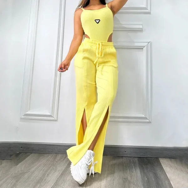Women Clothing Summer Sexy Casual Outfits Sleeveless Two Piece Sets Cotton Bodysuit and Split Wide Leg Pants Matching - Image 6