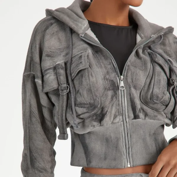 LONG SLEEVE POCKET DETAIL ZIP FRONT CROPPED HOODIE in GREY ACID WASH SWEAT for WOMEN - Image 4