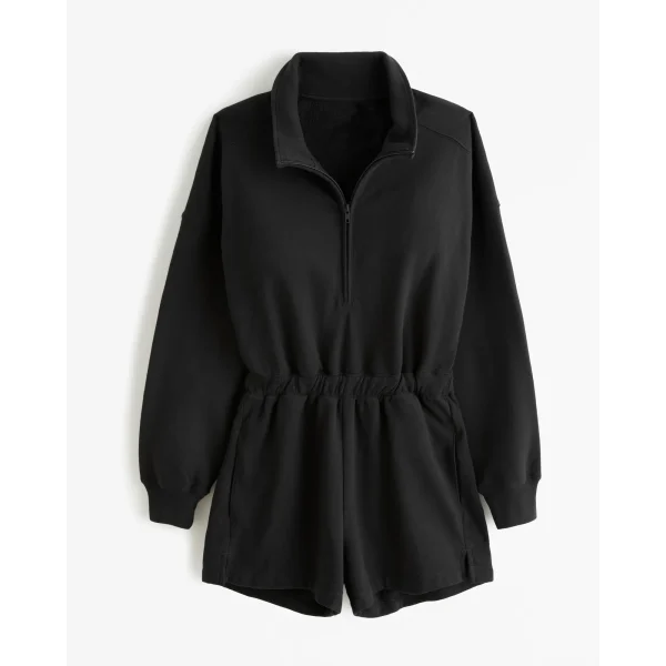 Long-Sleeve Fleece Romper for Women Spread Collar Half Zip Sweatshirt Shorts Jumpsuit Women's Sweatsuit Tracksuit Solid Color