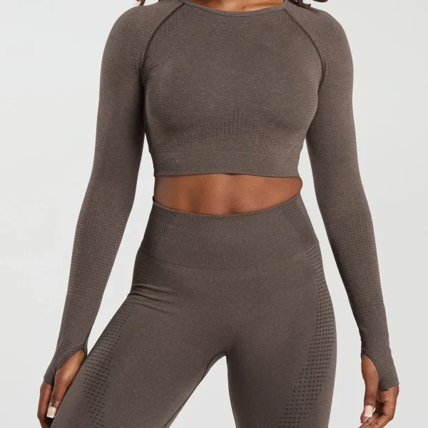 Women's Seamless Crop Tops Body Fit Slim Fit Long Sleeve Cropped Length Crew Neck Activewear - Image 2