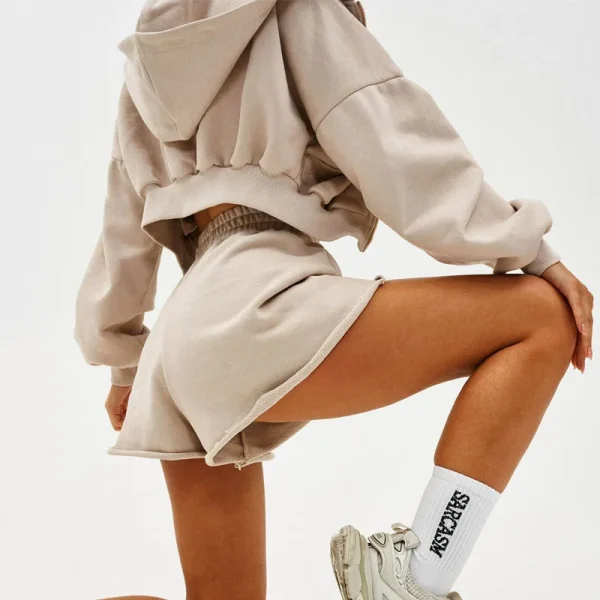 High Quality Women's Heavyweight Cotton Zip up Oversized Cropped Hoodie Hoodie and Shorts Tracksuit 2 Piece Set