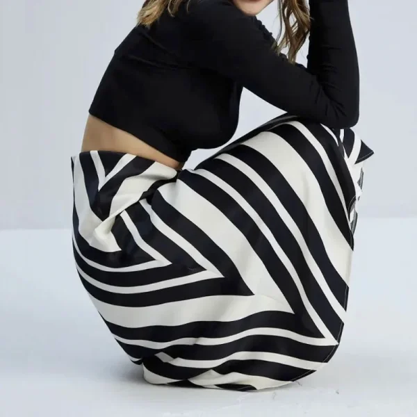 Women's Casual Summer High Waisted a Line Stripes Ruffled Striped Midi Satin Skirt - Image 3