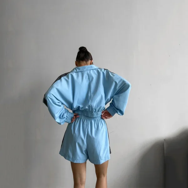 Women's Color Block Windbreaker Sweat Short Suits Full Zip-up Lapel Nylon Tracksuits - Image 2